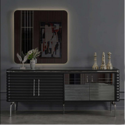 Stilvoll Iesszëmmer Garnitur Luxus Schwaarz Sideboard Spigel Holzmiwwel