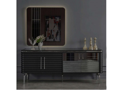 Stilvoll Iesszëmmer Garnitur Luxus Schwaarz Sideboard Spigel Holzmiwwel