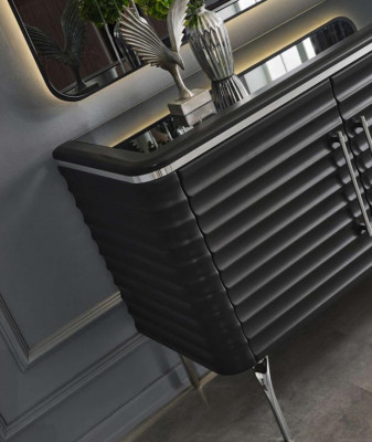 Stilvoll Iesszëmmer Garnitur Luxus Schwaarz Sideboard Spigel Holzmiwwel