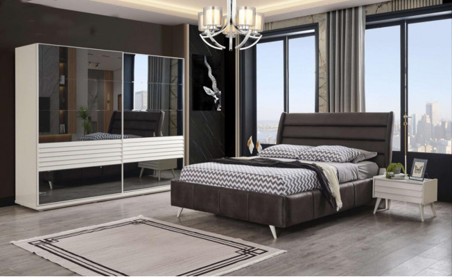 Schlofkummermiwwelen Glasschaf Designer duebel Bett Holz Nuetsdësch 4stéckeg.