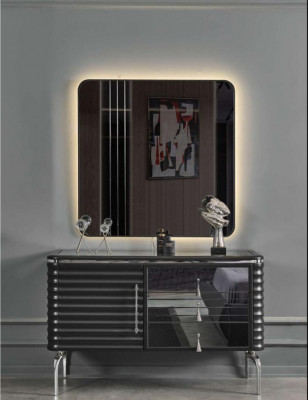 Schwaarzt Schlofzëmmer Set Designer Kommode mat LED-Spigel Garnitur