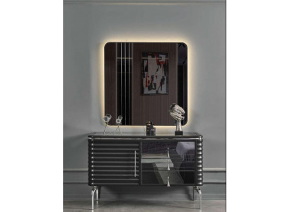 Schwaarzt Schlofzëmmer Set Designer Kommode mat LED-Spigel Garnitur