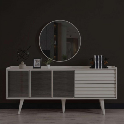 Wäisst Sideboard Luxusäregen Rondspigel Designer Holzmiwwelen 2-teil Set Neit