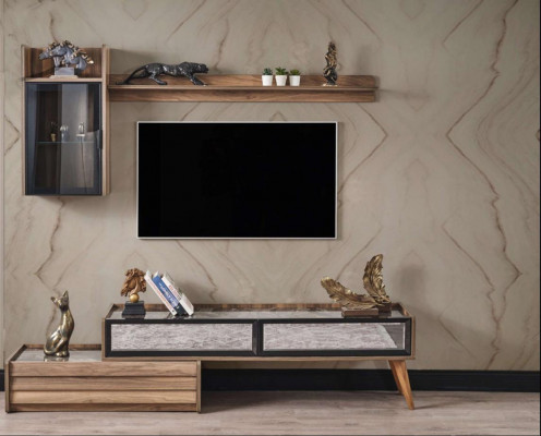 Modern Wohnwand Designer Holz TV-Schaf Luxus Wandschaf Regal 3 Deeler