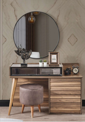 Braune Holz Schminktisch mat Ronnspigel Designer Schlofzëmmer 2-teilgt Set Konsol.