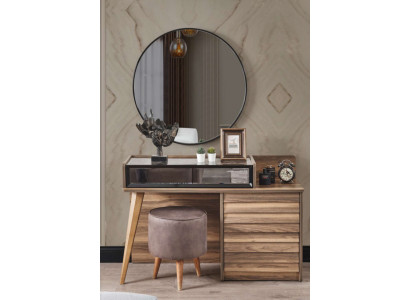 Braune Holz Schminktisch mat Ronnspigel Designer Schlofzëmmer 2-teilgt Set Konsol.