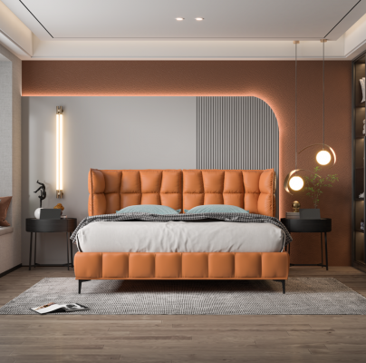 Orangen Duebelbett Schlofzëmmer Miwwelen Textilbetter Holzkader Stilvoll.