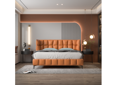 Orangen Duebelbett Schlofzëmmer Miwwelen Textilbetter Holzkader Stilvoll.