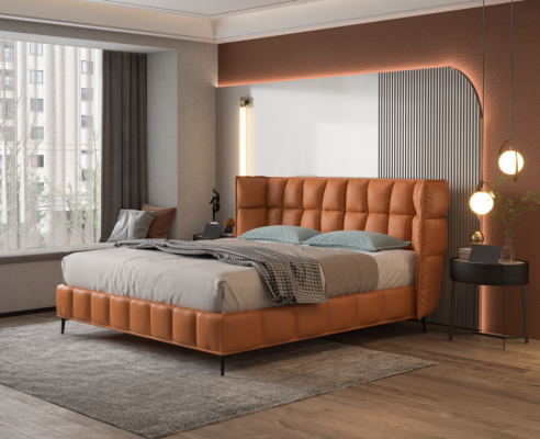 Orangen Duebelbett Schlofzëmmer Miwwelen Textilbetter Holzkader Stilvoll.