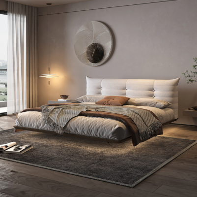 Wäisst Schlofzëmmer Bett Designer Wandbett LED-Better Holzgestell Miwwelen
