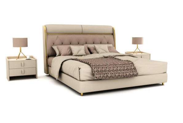 Stilvollt beige Schlofzëmmer Bett duebel Bett Textilbetter LED-Bett