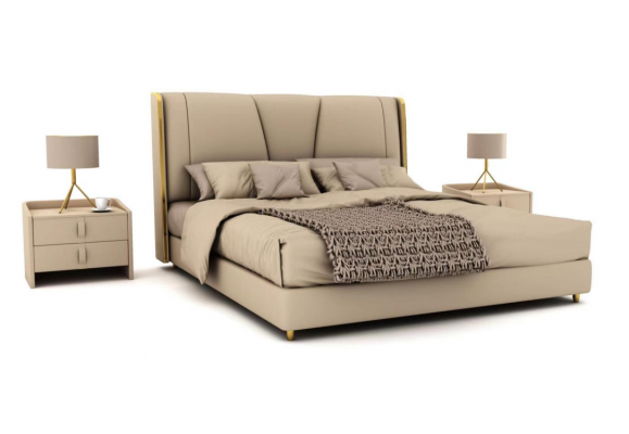 Schlofzëmmer Designer Beige Bett Duebelbetter LED-Betten Liederbetter