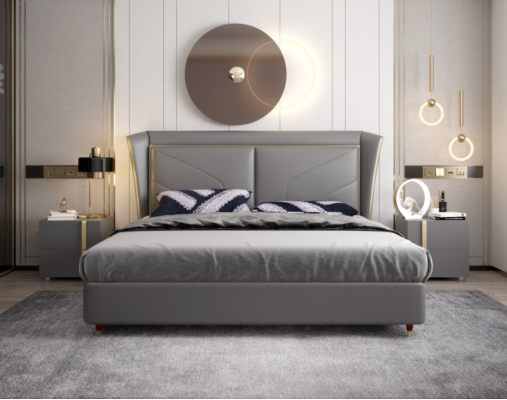 Grau Schlofzëmmer Duebelbett Designer Better Holzgestell Liederbetter