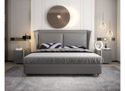 Grau Schlofzëmmer Duebelbett Designer Better Holzgestell Liederbetter