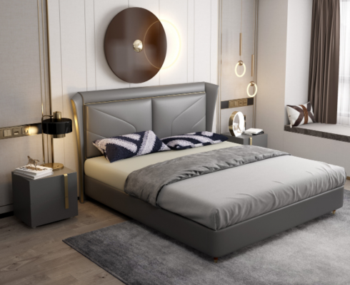 Grau Schlofzëmmer Duebelbett Designer Better Holzgestell Liederbetter