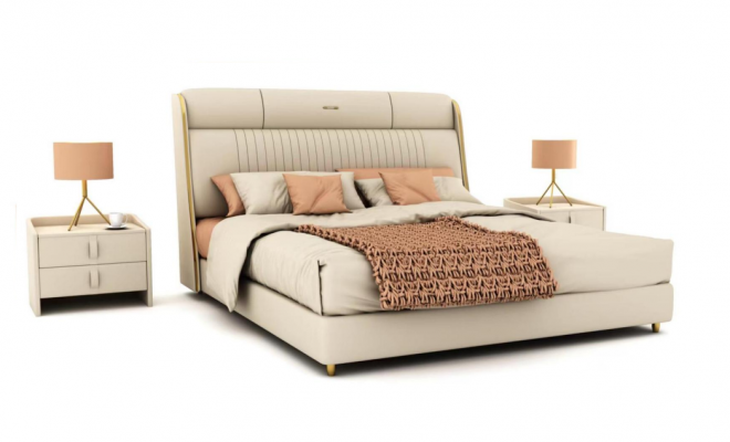 Beige Textilbett Stilvoll Schlofzëmmer Miwwelen Designer Duebelbetter