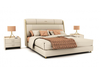 Beige Textilbett Stilvoll Schlofzëmmer Miwwelen Designer Duebelbetter