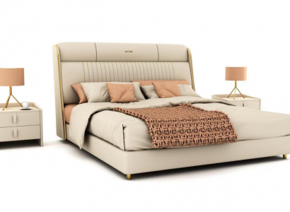 Beige Textilbett Stilvoll Schlofzëmmer Miwwelen Designer Duebelbetter