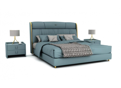 Blo Schlofzëmmer Duebelbett Designer Miwwelen LED-Bett Holz Textilbetter