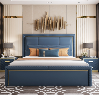 Grousst Blo Schlofzëmmer Bett Designer Duebelbetter Konschtlederbetter