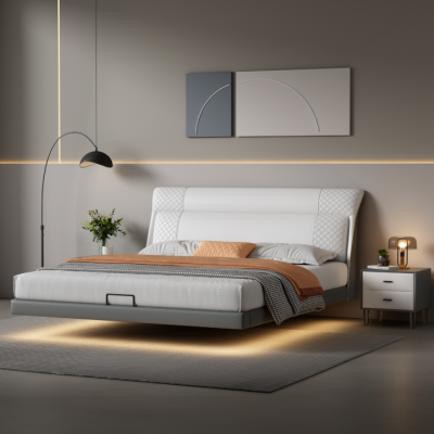 Wäisst Schlofzëmmer Bett Designer Liederbetter Textilbetter Duebelbetter