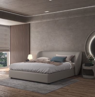 Grousz Designer-Schlofzëmmer Duebelbett Textilbetter Holz Liederbetter