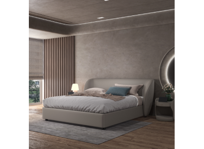 Grousz Designer-Schlofzëmmer Duebelbett Textilbetter Holz Liederbetter