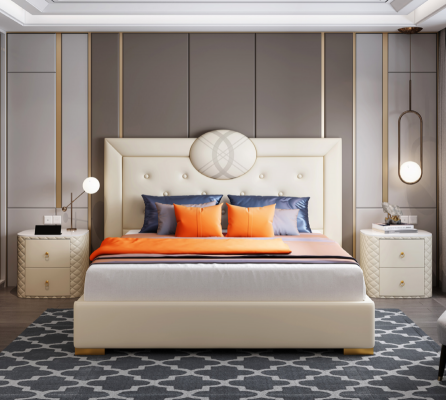 Grousst wäisst Schlofzëmmer Duebelbett Designer Holzgéstall Modern Bett