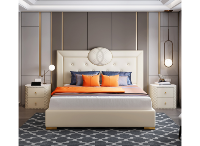 Grousst wäisst Schlofzëmmer Duebelbett Designer Holzgéstall Modern Bett