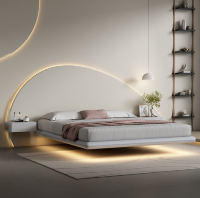 Grouss Wandbett Modern Schlofkummer Miwwelen Holzgestell LED-Bett Nei