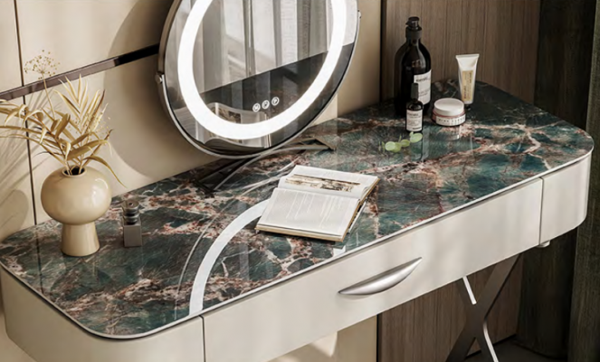 Wäissen Schminktisch mat Spigel Designer Kosmetiksdësch mat Schiefen