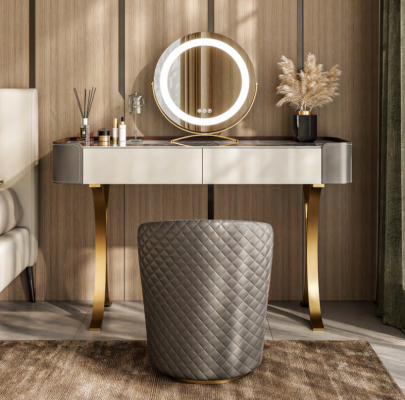 Beige Make-up-Dësch Designer Coiffeusdëscher Luxusdrëwwer Käschte Holzmiwwelen