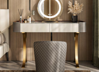 Beige Make-up-Dësch Designer Coiffeusdëscher Luxusdrëwwer Käschte Holzmiwwelen