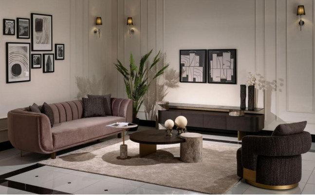 Wunnzëmmer Garnitur Sofa Fauteuil Braun Stoff Dëschset 5 Deeler RTV