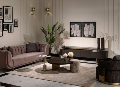 Wunnzëmmer Garnitur Sofa Fauteuil Braun Stoff Dëschset 5 Deeler RTV