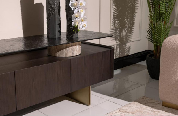Wunnzëmmer Garnitur Sofa Fauteuil Braun Stoff Dëschset 5 Deeler RTV