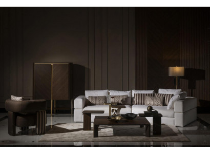 Wunnzëmmer Garnitur Eckcouch Stoffcouch Sessel Couchtisch Set 6stéck Braun