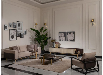 Komplett Wunnzëmmer Sofa Couchtischen 6tlg Stoffsofa Beige Holz Modern