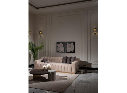 Garnitur Wunnzëmmer Dräisëtz Couchtischen 4tlg Stoffsofa Beige Holz