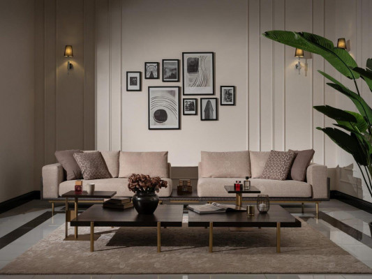 Wunnzëmmer Grupp Sofa Couchtische 4tlg Stoffsofa Beige Holz Modern