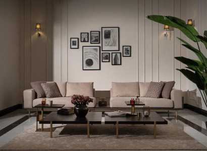 Wunnzëmmer Grupp Sofa Couchtische 4tlg Stoffsofa Beige Holz Modern