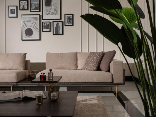 Wunnzëmmer Grupp Sofa Couchtische 4tlg Stoffsofa Beige Holz Modern