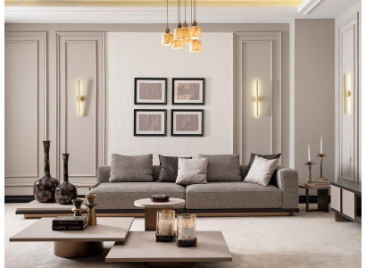 Set vu Wohnzimmermiwwel: Véiersëtzer Canapé, 4 Sëtzer Couch, 5 Deeler Set mat Couchtischen a Gréngrauweiß.