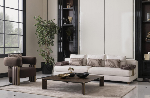 Komplett Canapé Garnitur Sofa Fauteuil Braun Stoffssofa Polstersofa Dësch