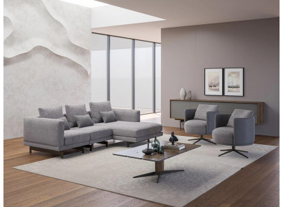 Wunnzëmmer Komplett 4 Deeler 2x Sessel mat Ecksofa L-Form Designer Holz Couchtisch