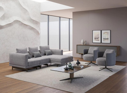 Wunnzëmmer Komplett 4 Deeler 2x Sessel mat Ecksofa L-Form Designer Holz Couchtisch