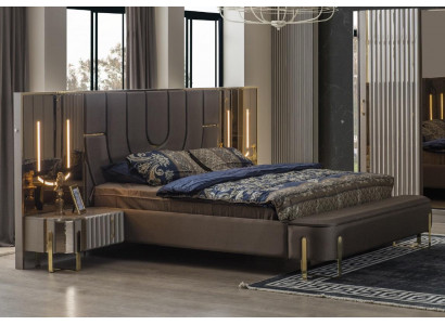 Duebelbett Garnitur Schlofzëmmer Luxus Bett Modern Braun 3tlg Design