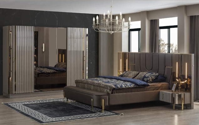 Duebelbett Garnitur Schlofzëmmer Luxus Bett Modern Braun 3tlg Design