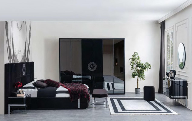 Modern schwaarzt Schlofzëmmer Bett Bettgestell Miwwelen Edelstahlelementer