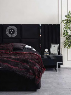 Modern schwaarzt Schlofzëmmer Bett Bettgestell Miwwelen Edelstahlelementer